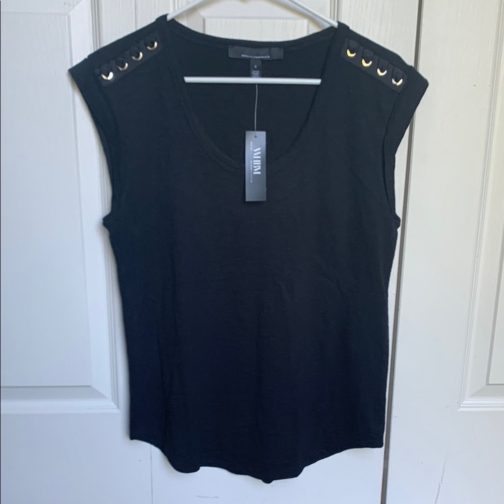 White House Black Market Black Sleeveless Top with Gold Accents.